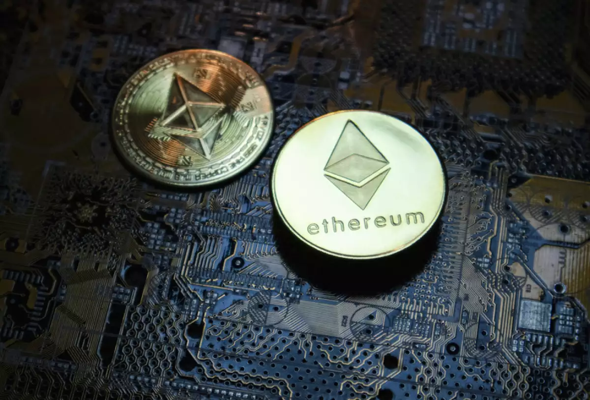 Close-up of Ethereum ETH cryptocurrency over computer circuit