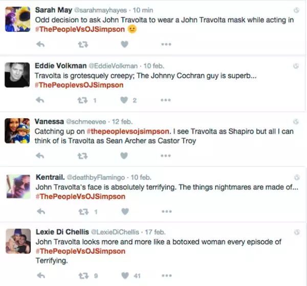 Algunos de los tuis dicen: Mala decisión pedirle a John usar una máscara de John Travolta; Travolta es grotescamente repulsivo; la cara de John Travolta es absolutamente aterradora; John Travolta se ve más y más como una mujer con bótox.