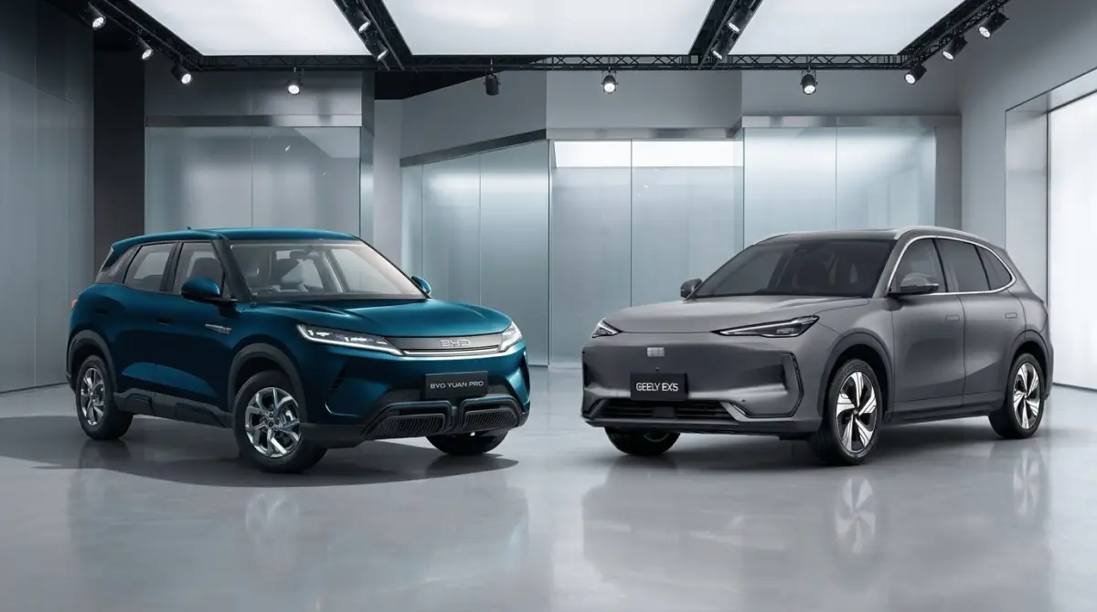 Dos SUV eléctricas, la BYD Yuan Pro y la Geely EX5, aparecen frente a frente. Ambos modelos pertenecen a las automotrices chinas BYD y Geely y compiten en el segmento de las SUV 100% eléctricas en México.