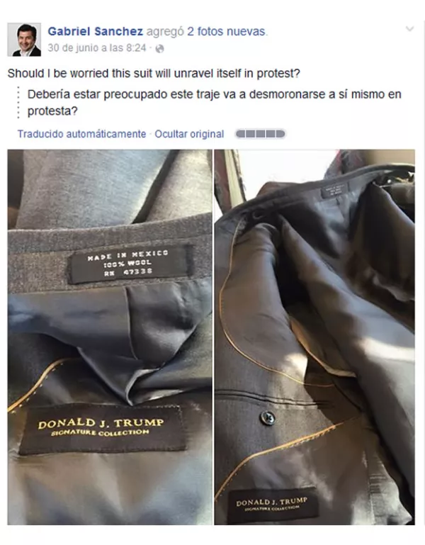 La imagen de un traje marca Donald J. Trump Signature Colection se ha hecho viral; Trump ha criticado a los inmigrantes mexicanos que trabajan en EU.