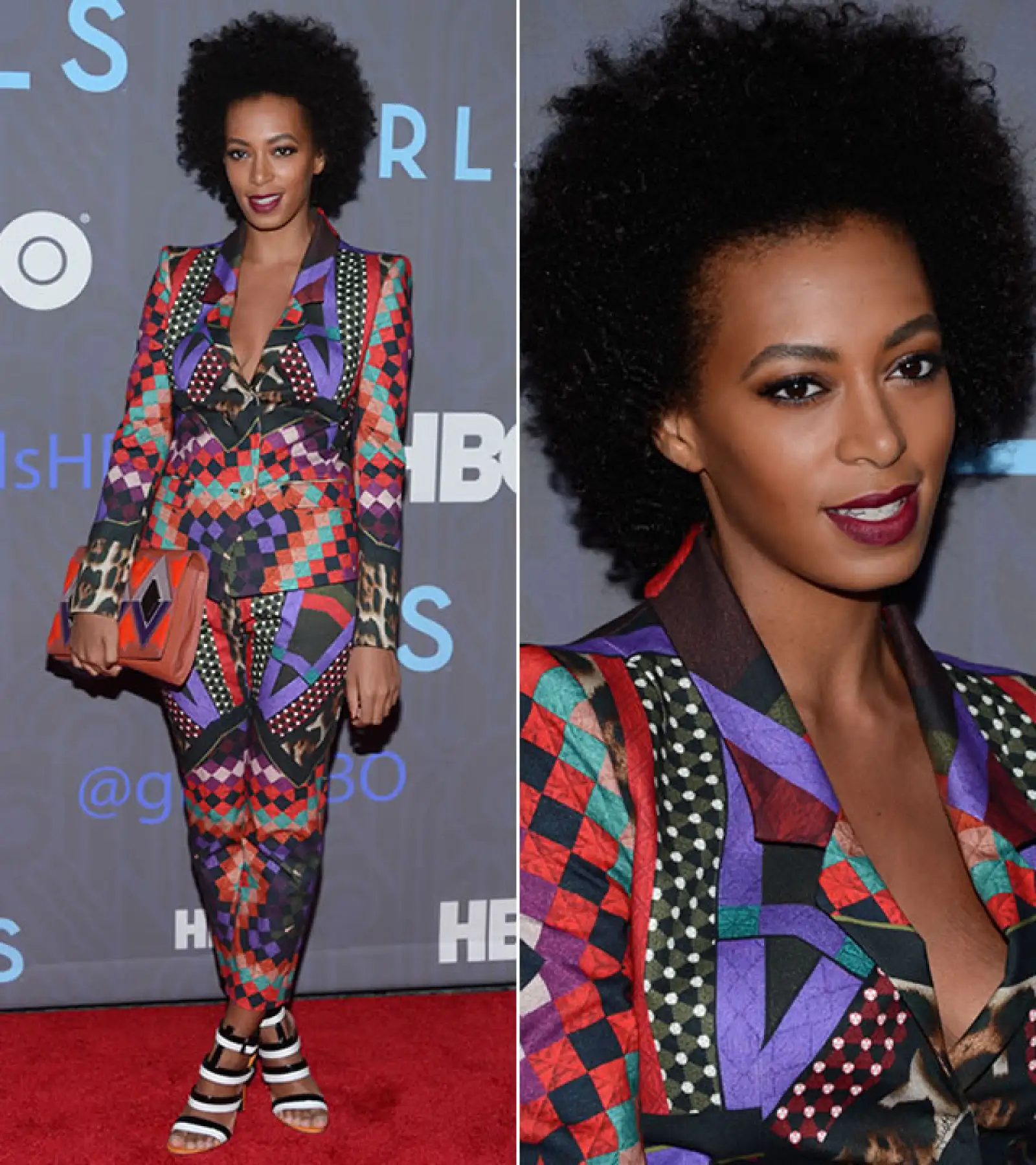 Empezamos a notar su gusto por los estampados geométricos con un traje de Just Cavalli pre fall 2013. El pelo lo llevó en un corto afro y labios color marsala.