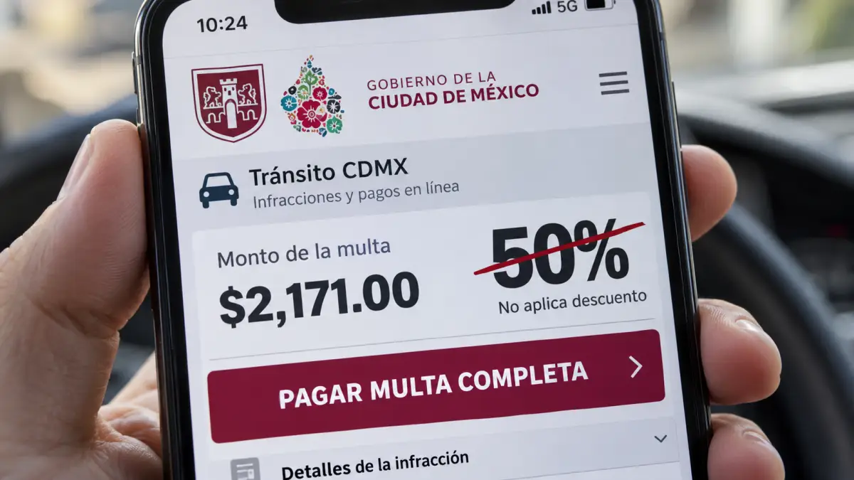 Primer plano de la pantalla de un celular con la plataforma de tránsito de la Ciudad de México abierta, donde aparece el mensaje “pagar multa completa” y un descuento del 50% tachado.
