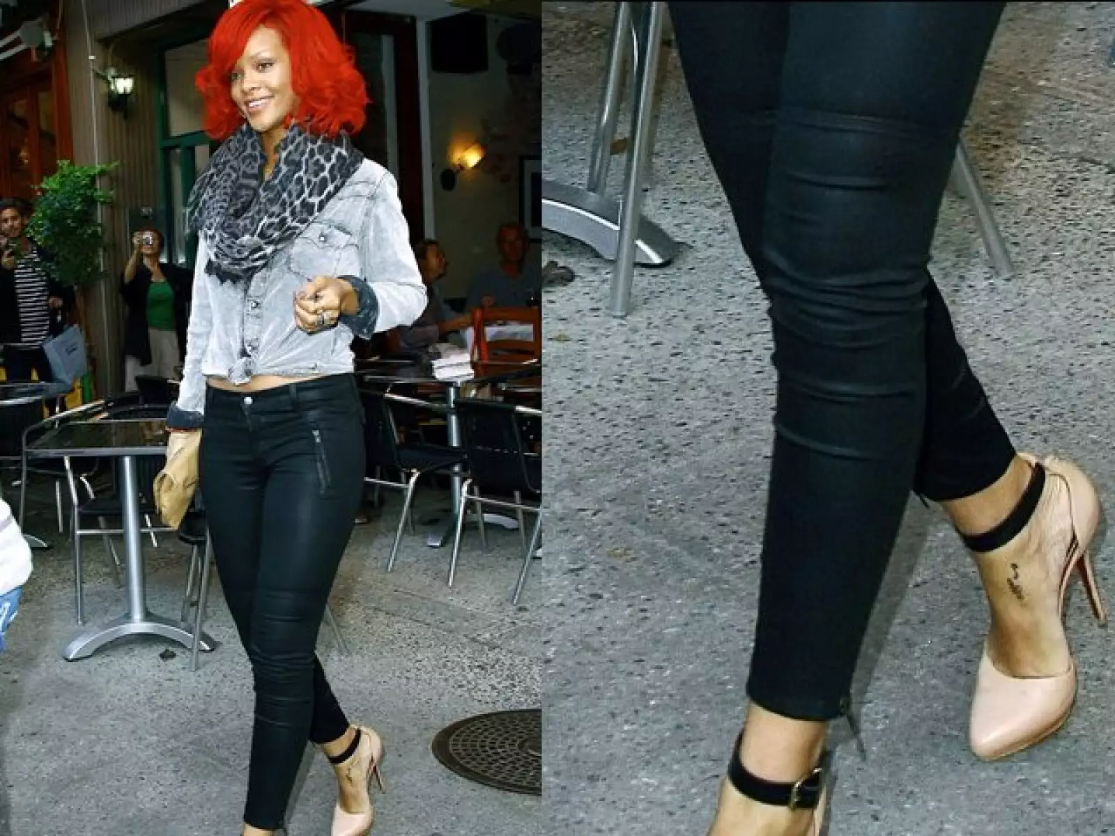 Los pantalones de cuero se ven muy cool con un saquito negro y tacones altos, como los usa Rihanna.