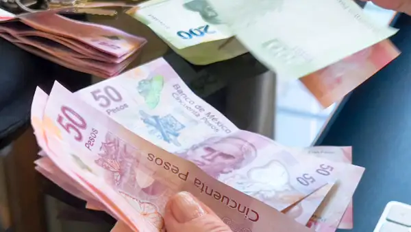 Una mano sostiene un fajo de billetes de 50 y 200 pesos mexicanos.jpg