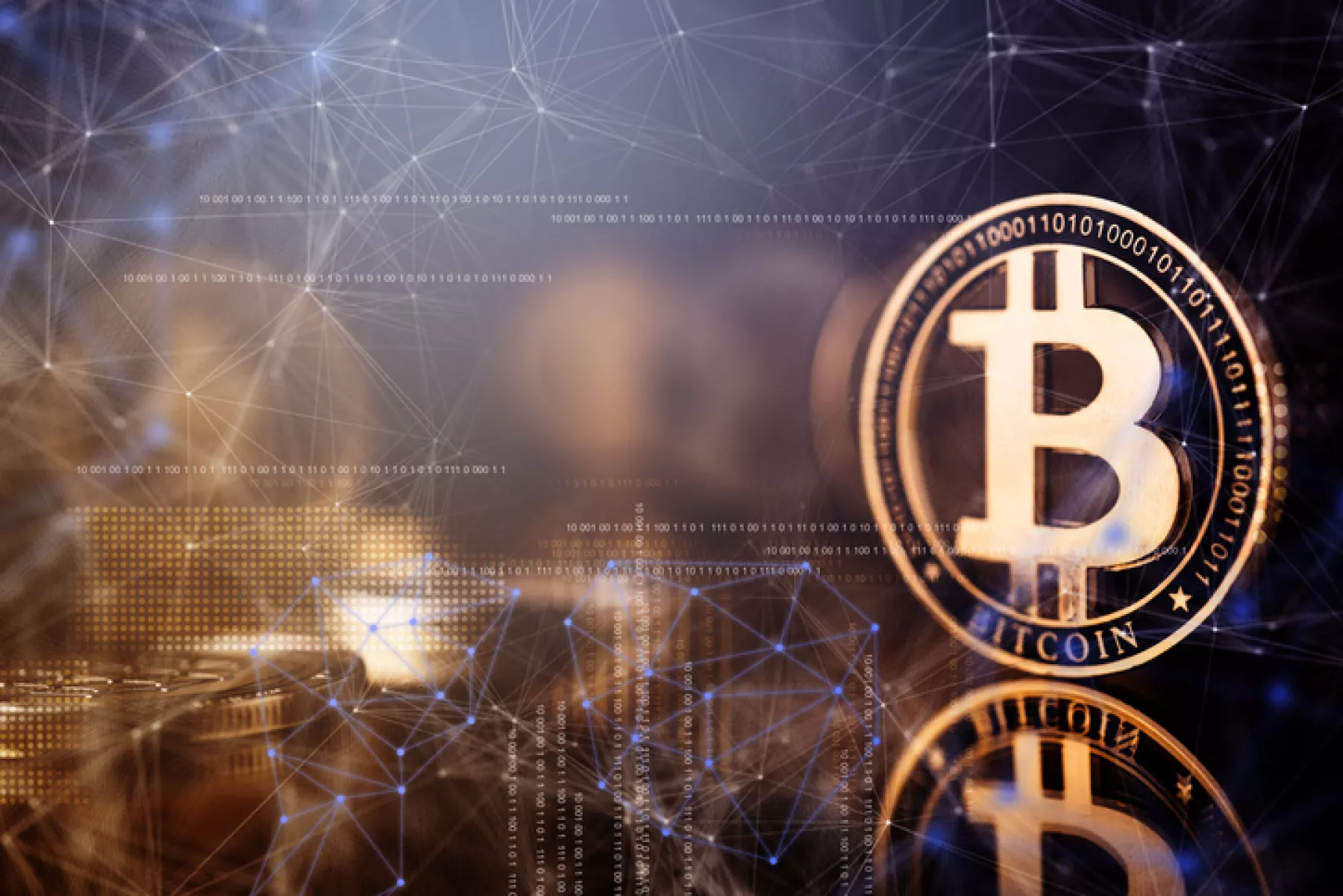 block chain cryptocurrency business strategy ideas concept  bit coin on reflection floor dark color tone with virtual graphic double exposure