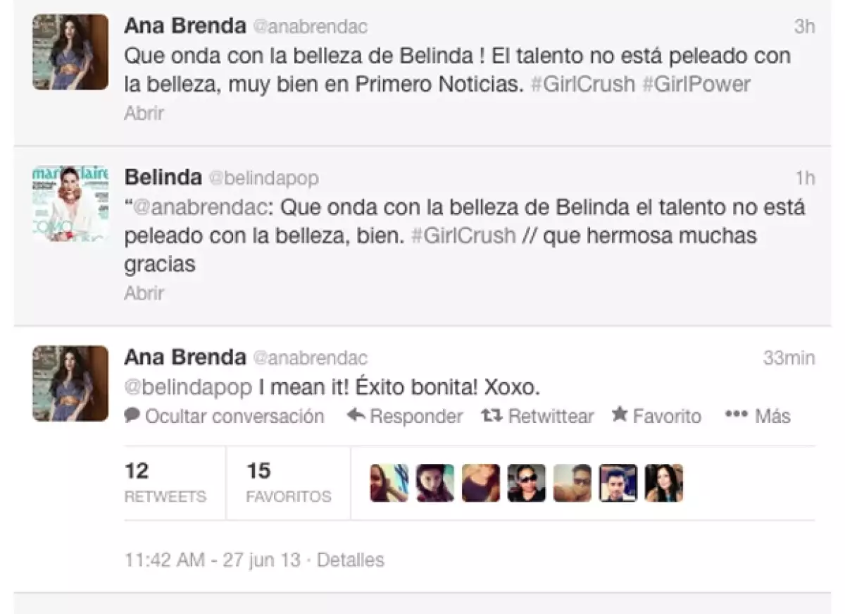 La actriz reconoció el talento y la belleza de la cantante por medio de un tuit en el que expresó su admiración por Belinda y su actuación en un noticiero matutino.
