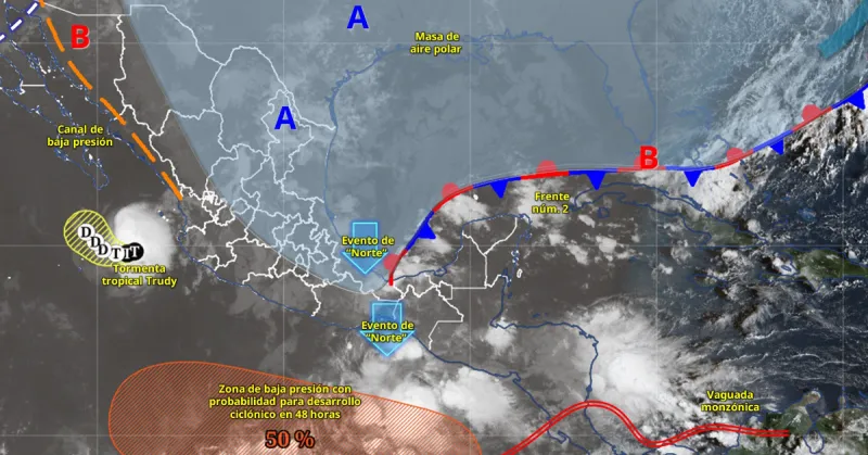 Mapa satelital de México en color gris con líneas rojas y azules que marcan fenómenos meteorológicos.jpg