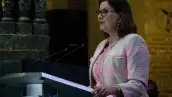 Martha Bárcena durante el homenaje a Porfirio Muñoz Ledo por sus 70 años de carrera política en la ex sede del Senado de la República.