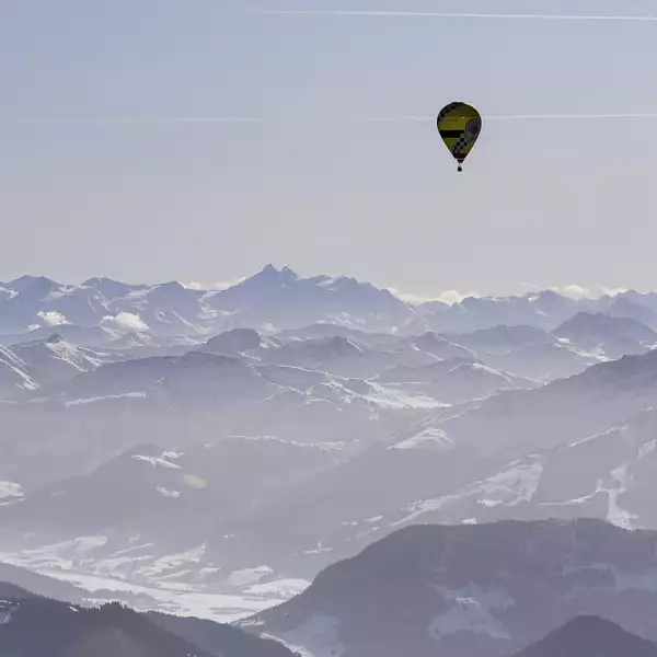 A balloon is in the air during a joint trip as part of the 19th Alpine Ballooning 2020 in the mountains near Kossen