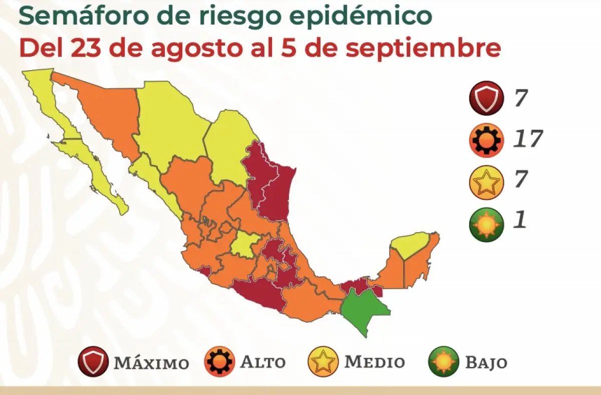Mapa COVID México, semáforo del 23 de agosto al 5 de septiembre 