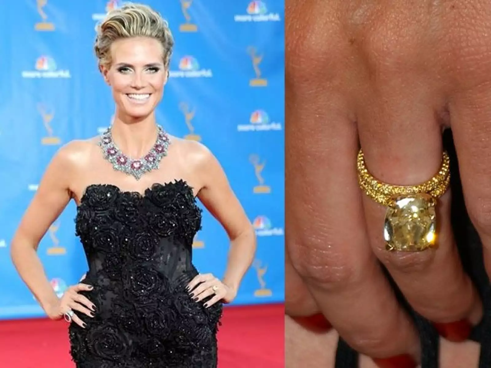 Seal le propuso matrimonio a  Heidi Klum dentro de un  igloo en  Canadá,  el cantante le regalo un anillo amarillo de diez quilates diseñado por Lorraine Schwartz.