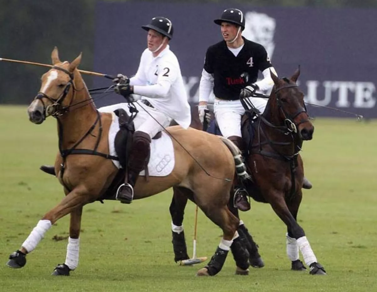 Los príncipes Enrique y Guillermo de Gales practican Polo.