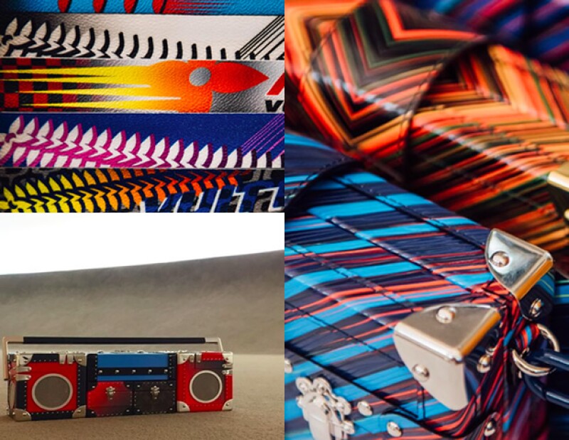 El monograma de la marca con colores, así como bolsas rígidas y hasta en forma de bocina.