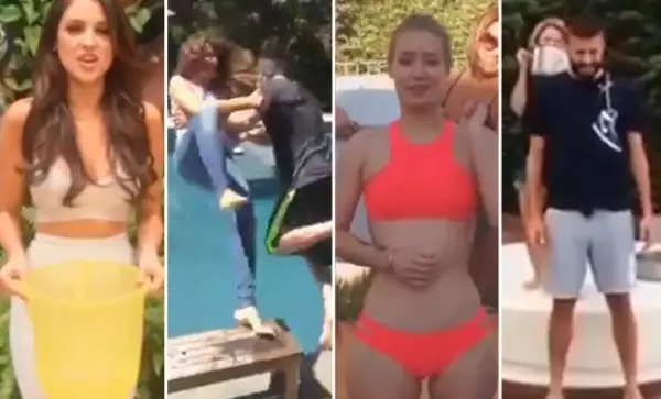 El reto comenzó en Estados Unidos y posteriormente traspasó fronteras. En la imagen, Eiza González, a punto de hacer su reto; Ben Affleck, aventando a su esposa, Jennifer Garner, al agua como parte del mismo reto. Después, Iggy Azalea y Shakira a punto de vaciar una cubeta de agua encima de Gerard Piqué.