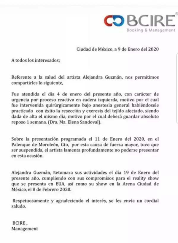 Comunicado Alejandra Guzmán