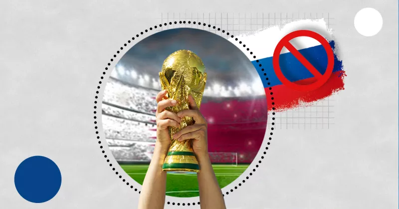 Fotoarte con dos manos sosteniendo la copa mundial de futbol y una bandera de Rusia con un signo de prohibición. 