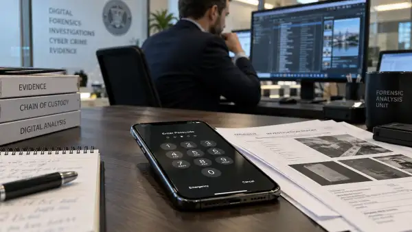 iPhone bloqueado con código sobre una mesa junto a una computadora utilizada durante una investigación.