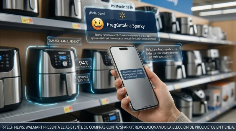 Pasillo de un supermercado donde hay varias freidoras de aire de fondo, en primer plano la mano de una persona que sostiene un smartphone, que en la pantalla usa Sparky, el asistente de IA de Walmart. 