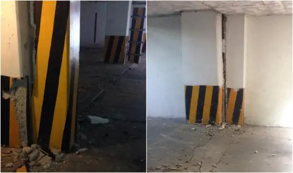 Daños en las columnas del edificio de Aguascalientes 12, Roma Sur.