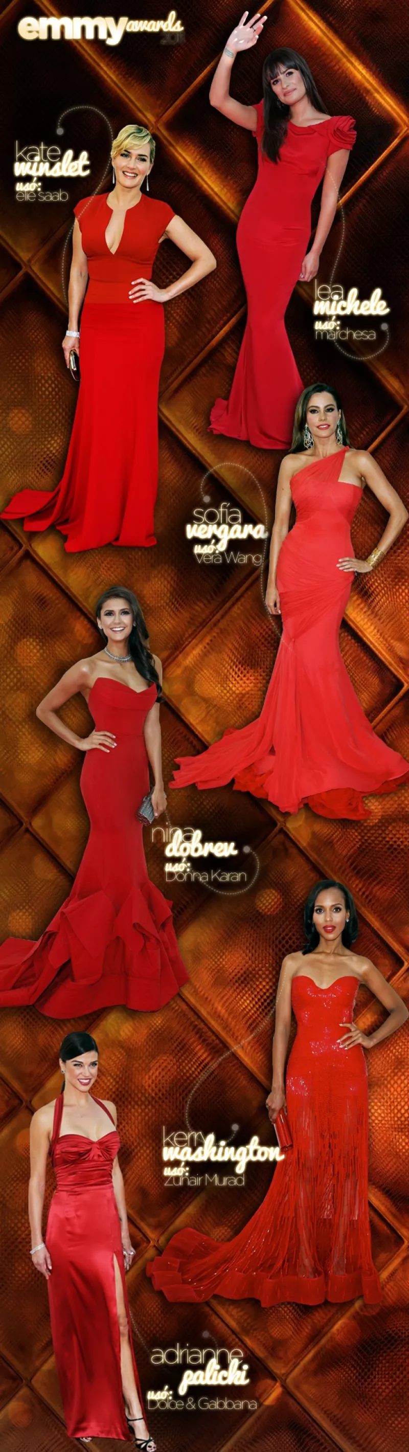 Cada una su estilo, lo que sí es que todas optaron por el color de temporada y Sofía Vergara, Kate Winslet, Lea Michelle, Nina Dobrev y Adrianne Palicki vistieron de rojo.