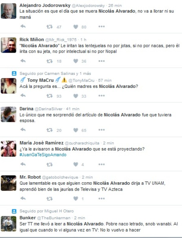 Estas fueron algunas de las reacciones en redes sociales ante la columna de Nicolás Alvarado.