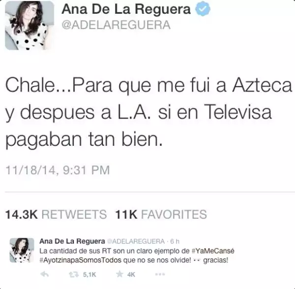 Los tuits de Ana de la Reguera trascendieron de tal manera, que la actriz agradeció y mencionó su hartazgo por la situación de México.