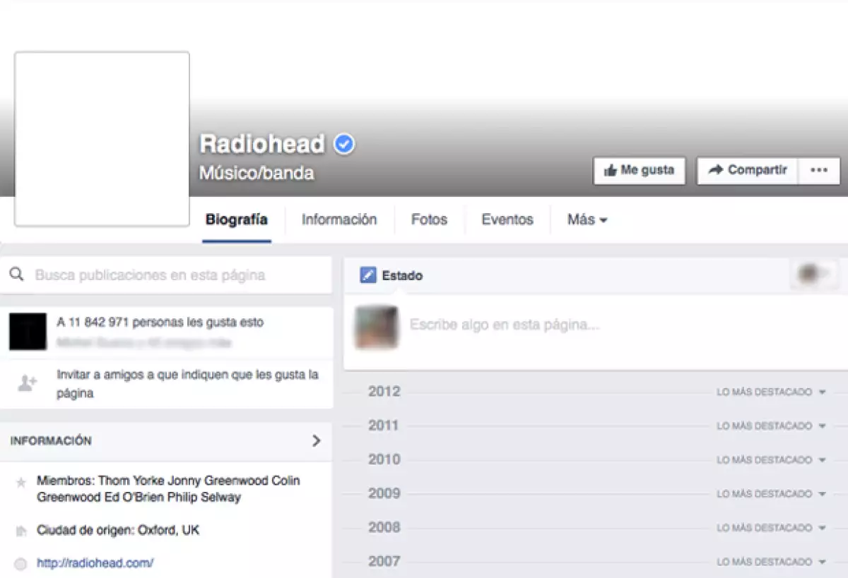 Así luce la fan page de Radiohead.