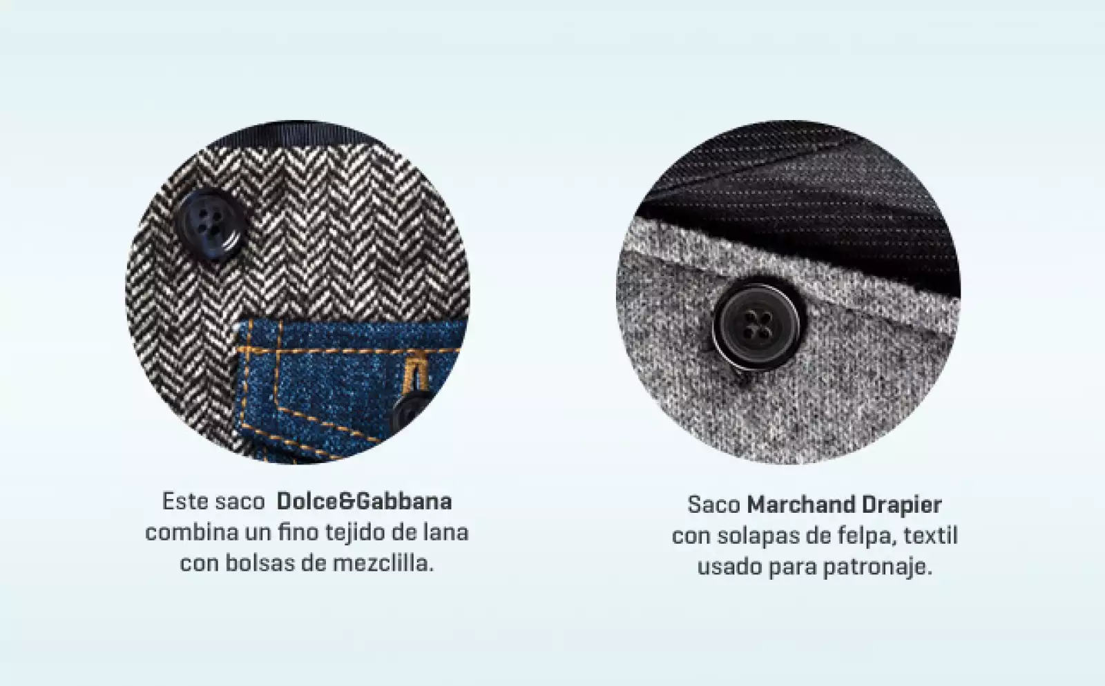 La tendencia son los sacos con doble solapa, una de las cuales está confeccionada en tela ruda, normalmente utilizada para el patronaje. Otra propuesta son los sacos en un estampado conservador, como el Herringbone con detalles en mezclilla.