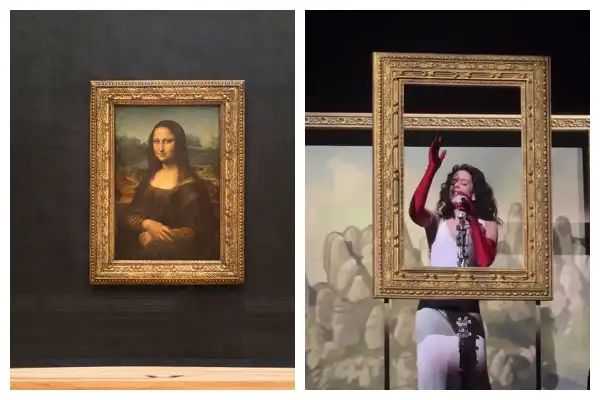 En esta imágen se compara la emblemática pintura de Leonardo Da Vinci La Monalisa con un momento en el concierto de Rosalía. 