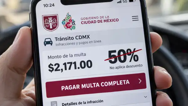 Primer plano de la pantalla de un celular con la plataforma de tránsito de la Ciudad de México abierta, donde aparece el mensaje “pagar multa completa” y un descuento del 50% tachado.