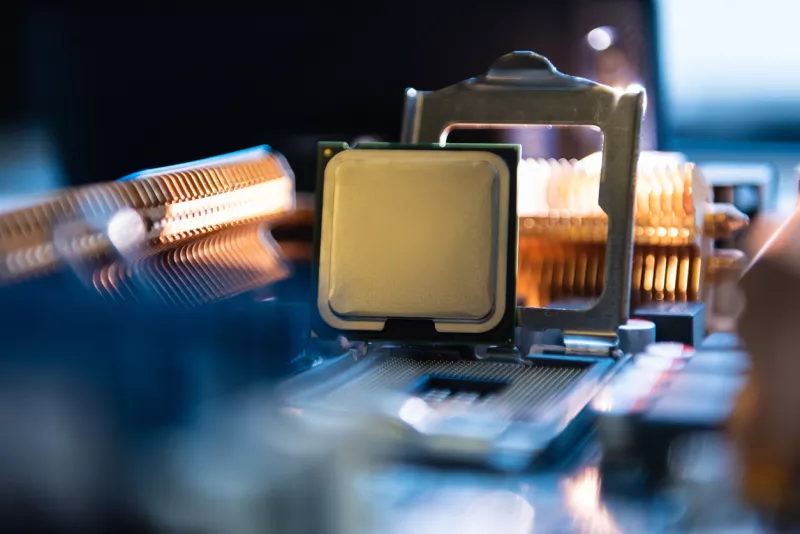 Computer engineer maintenance computer CPU hardware upgrade of motherboard component, PC repair by technician and industry support installation CPU on socket