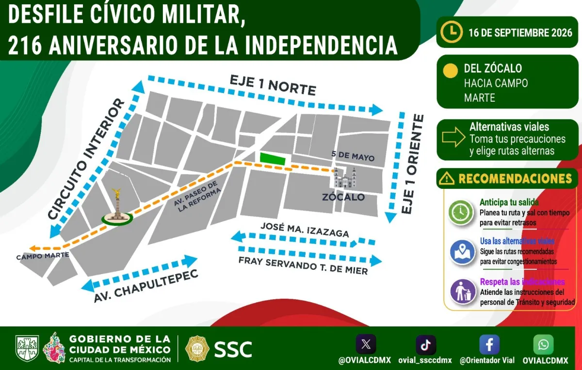 Mapa de las calles cerradas el 16 de septiembre de 2026 en CDMX.