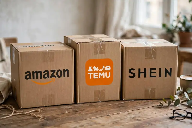 Paquetes de amazon, temu y Shein en una mesa de madera en la que hay plantas, lentes.