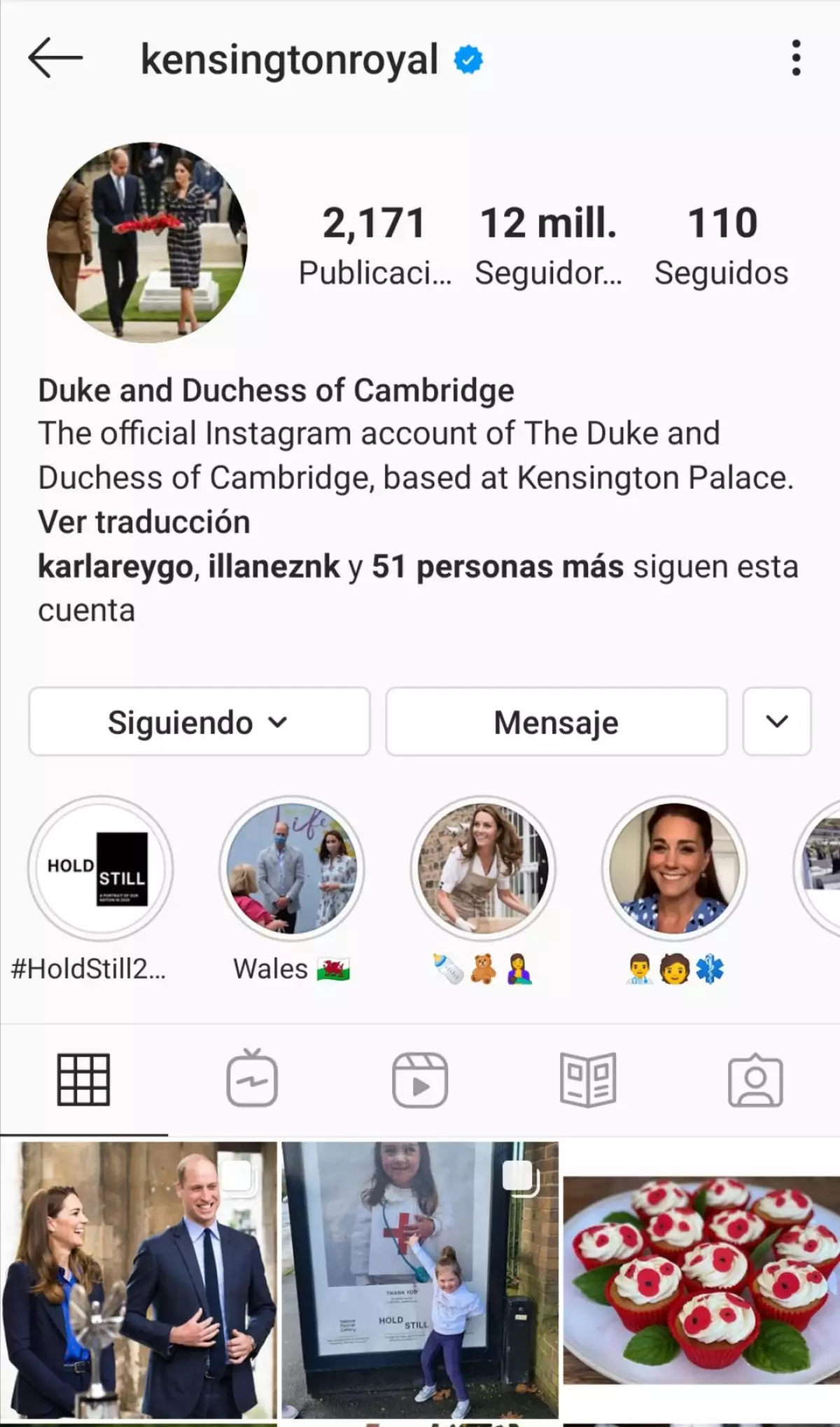 Perfil de Instagram del príncipe William y Kate Middleton