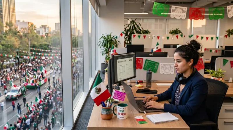 Mujer sentada frente a un escritorio en una oficina adornada con decoraciones patrias por la Independencia de México, su lugar está frente a una ventana que da hacia la calle, donde se ve un desfile. 
