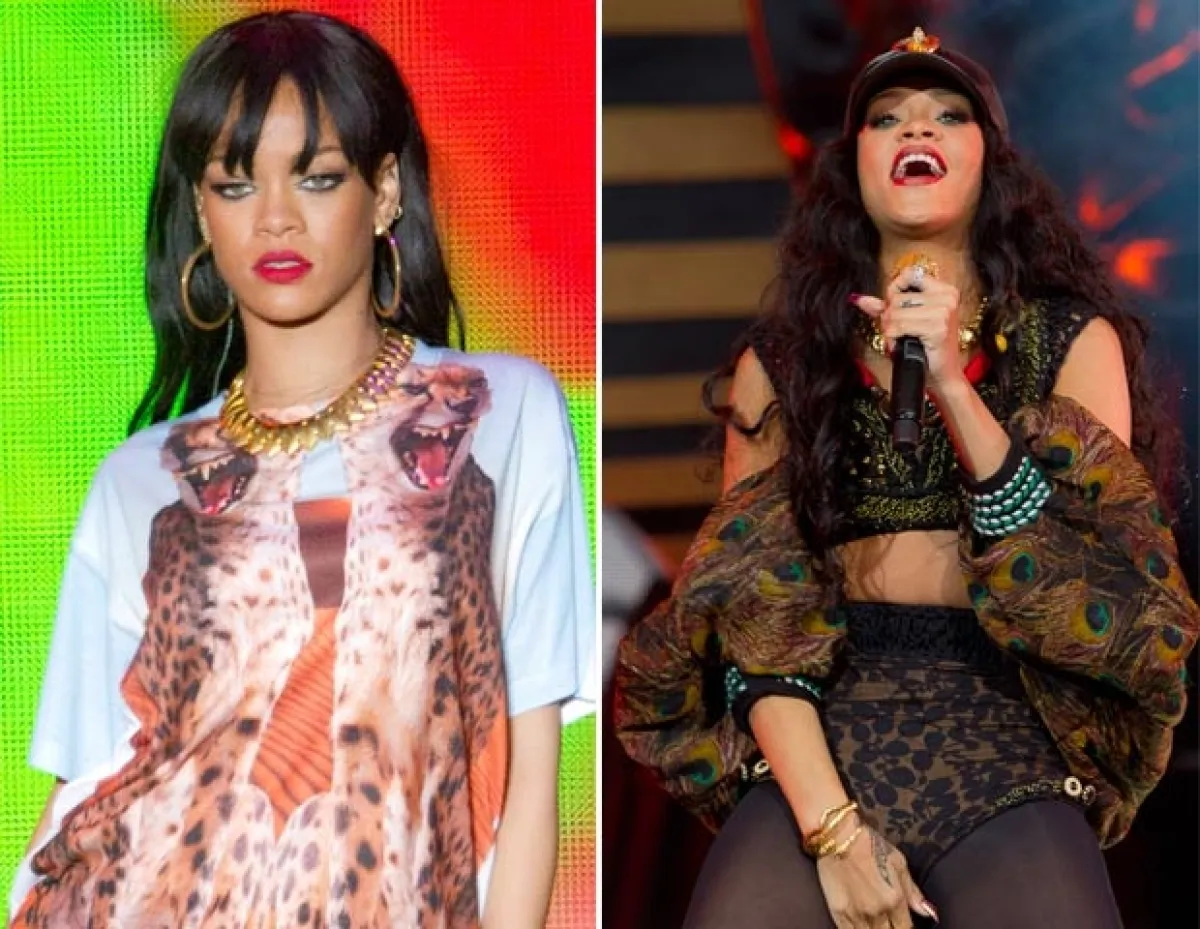 Hoy en día Rihanna trae el pelo color negro, largo y vestuarios extravagantes.