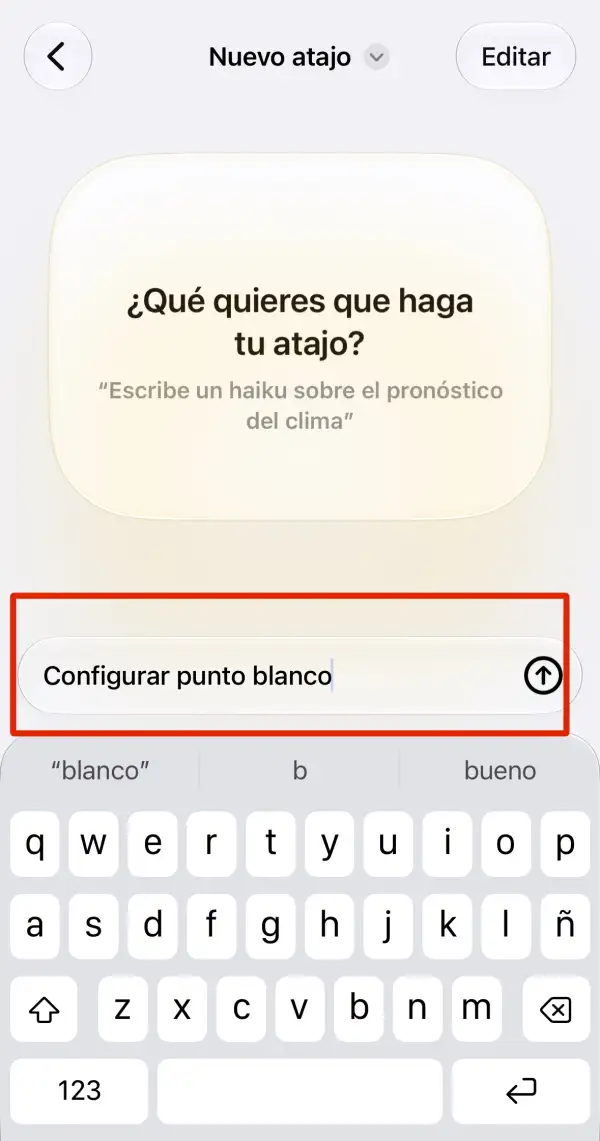 La imagen muestra la búsqueda de funciones en la aplicación de atajos en iPhone.