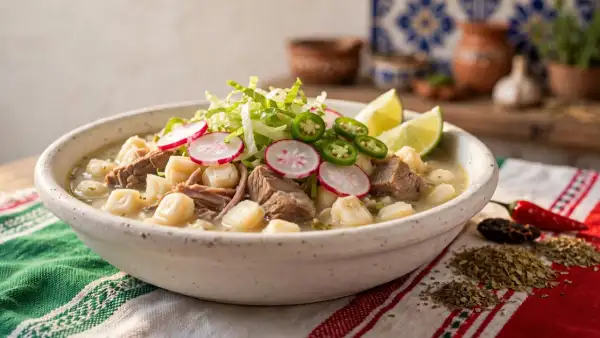 Un plato con maíz, rábano, limón, cebolla, chiles verdes y lechuga. Está sobre una mesa con mantel de color verde, blanco y rojo. 
