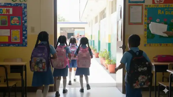 Niños y niñas saliendo de su salón de clases al patio