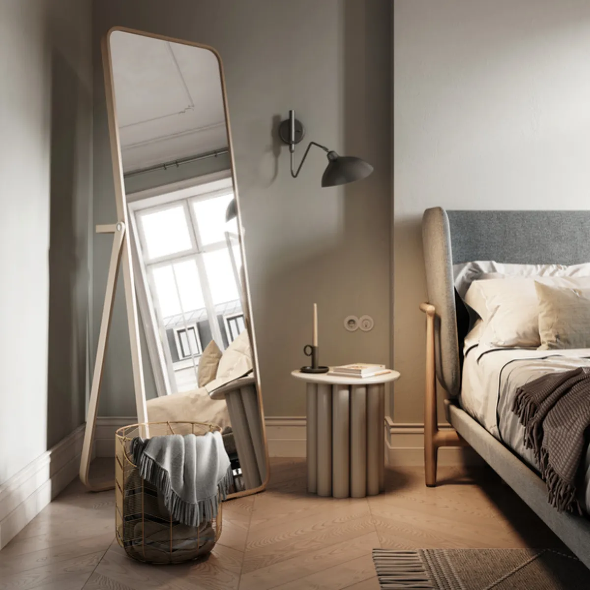 Large mirror in the corner of bedroom