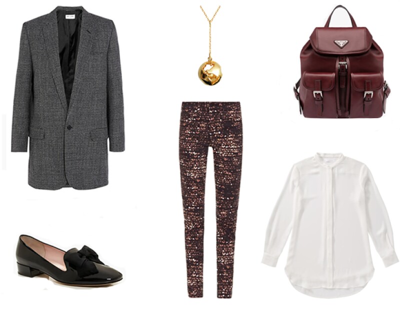 Te proponemos llevar piezas conservadoras, pero con estampados atrevidos al primer día de escuela. Créditos: saco, Saint Laurent / Zapatos: Kate Spade / Pantalones: Tory Burch / Collar: Artellier / Backpack: Prada / Blusa: Joe Fresh.