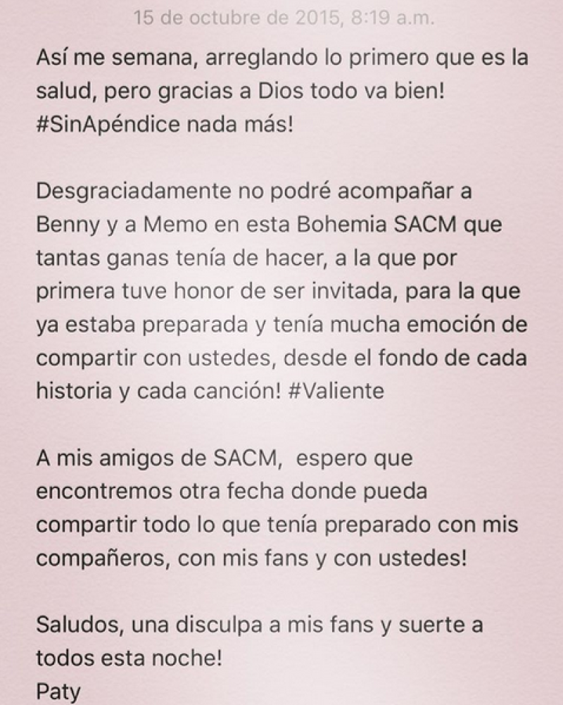 Este fue el mensaje que la cantante envió en su cuenta de Instagram.