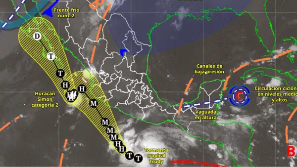 Mapa satelital de México en color gris y líneas de color amarillas, verdes y naranjas que señalan fenómenos.jpg