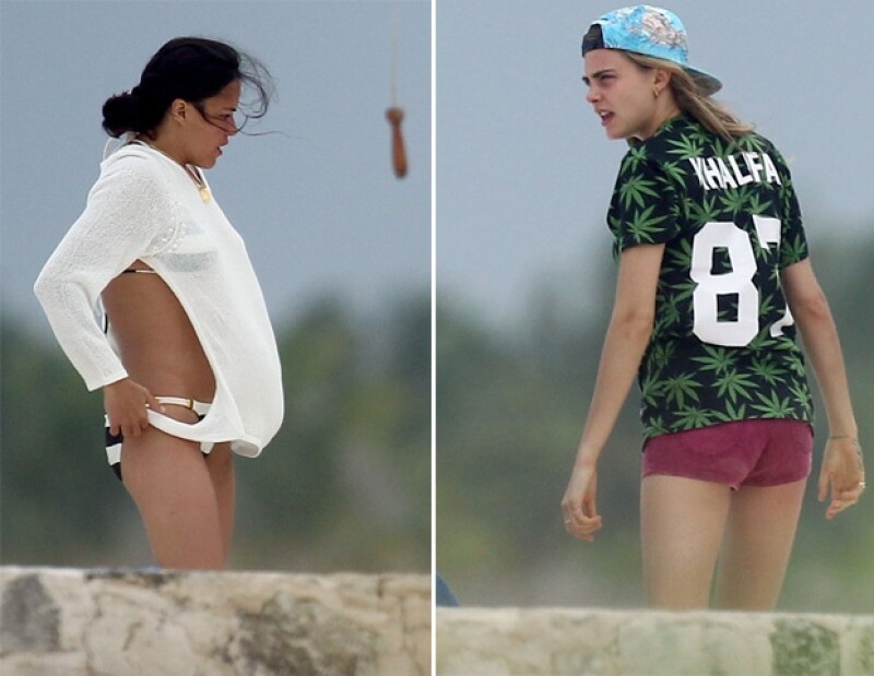 La actriz lució su cuerpo en un bikini, mientras que la modelo prefirió una playera y shorts.