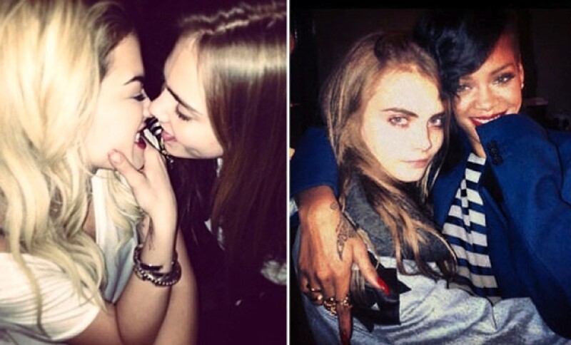 Más que Cara tenga una relación romántica con todas ellas bien podría ser que gusta de llevarse de esta forma con sus amigas. En la foto, con Rita Ora y luego con Rihanna.