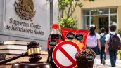 Composición ilustrativa de la Suprema Corte de Justicia de la Nación, un mazo judicial, refresco, frituras y un pan con sellos de exceso, junto a un símbolo de prohibición y estudiantes que ingresan a una escuela.
