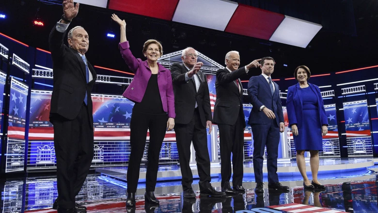 Candidates gather onstage for the ninth Democratic 2020 U.S. presidential debate at the Paris Theater in Las Vegas, Nevada, U.S.,