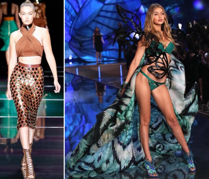 Gigi en el runway de Balmain y VS.