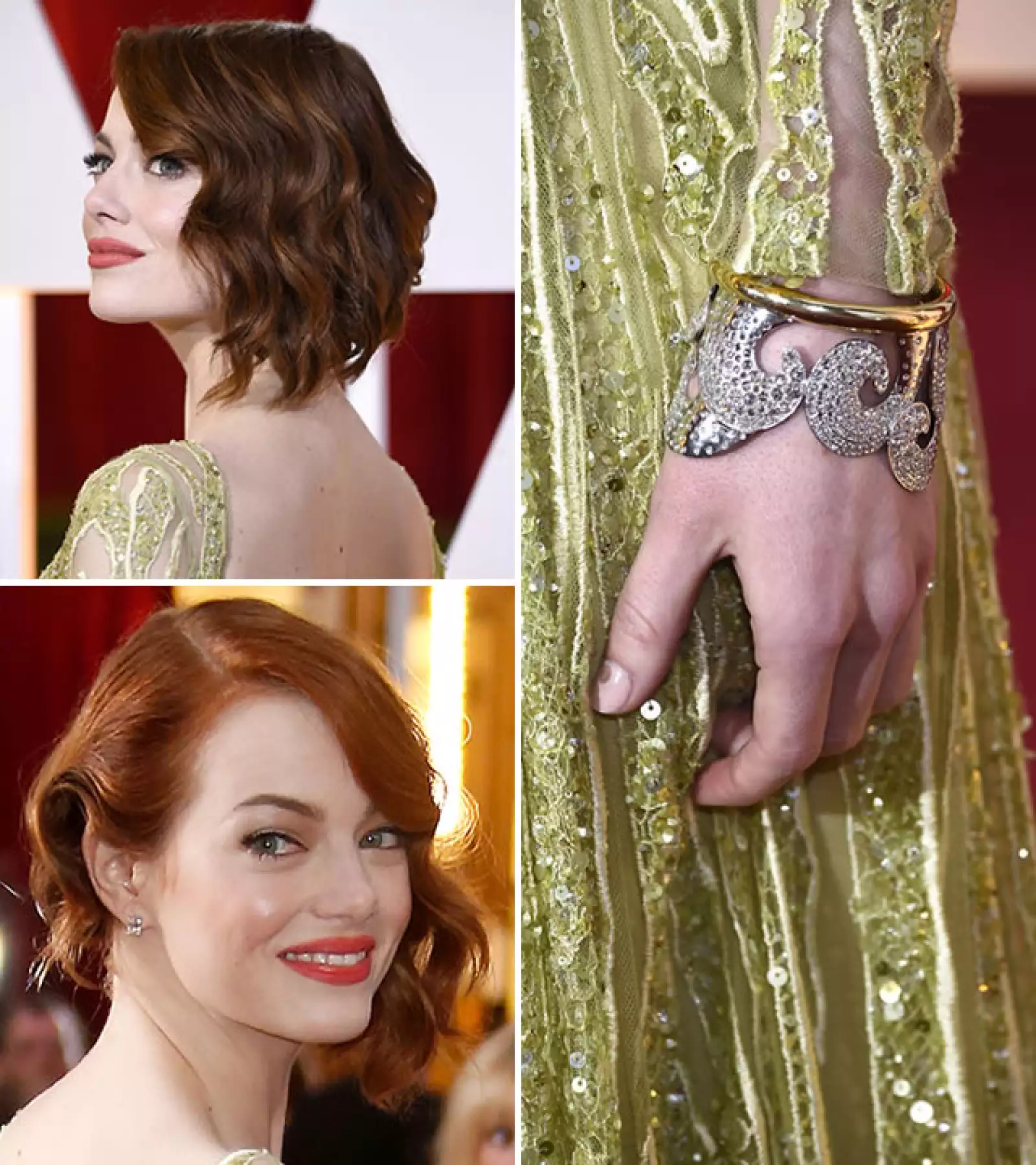 Para combinar con el hermoso vestido Elie Saab, Emma Stone usó un earcuff de diamantes con corte de rosa, junto con aretes de esmeralda, diamantes y platino de Tiffany & Co.