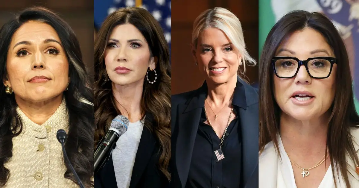 Combinación de imágenes que muestran a Tulsi Gabbard, Kristi Noem, Pam Bondi y Lori Chávez